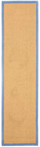 carpetfine Sisalteppich Läufer Naturfarbe 60x180 cm handgewebt mit Bordüre aus Baumwolle in Blau | Rutschfester Flachgewebe Teppichläufer Uni aus Naturfasern für Wohnzimmer, Schlafzimmer