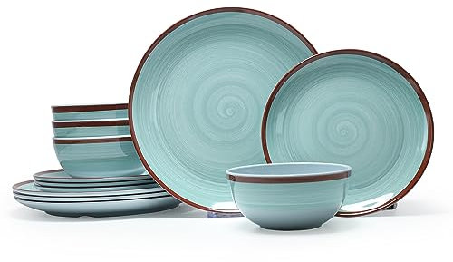 Juego de vajilla de melamina para 4, juegos de vajilla de 12 piezas, juego de platos y cuencos azul menta, juego de platos modernos, apto para lavavajillas, sin BPA (verde)