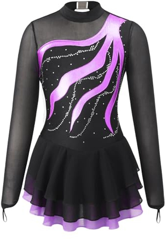 ranrann Robe Patinage Artistique Fille Enfant Justaucorps Gymanstique Manches Longues Strass Tenue Ballet Gym Costume Spectacle 5-16 Ans Violet&Noir 7-8 Ans