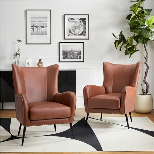 HULALA HOME Faux Leather Accent Chair Set of 2 with Removable Cushion, Comfy Upholstered Armchair with Metal Legs & Nailhead Trim Wingback Vanity Chair for Reading Living Room Bedroom, Brown