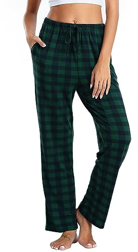 Lovasy Pantalon Pyjama Femme à Carreaux Bas de Pyjama en Coton Hiver avec Poches Pantalon de Nuit Doux et Confortable Long Grande Taille B-Vert foncé L