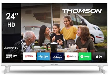 THOMSON 24 Pouces (60 cm) HD Android 12V Camping TV Blanc, Google Assistant, Wi-FI, Dolby Digital, Bluetooth, Triple-Tuner (Câble/Satellite/Antenne), HDMI, CI+, A+ Panneau– 24HA2S13CW