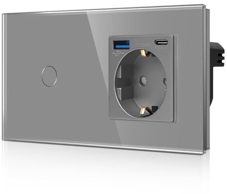 CNBINGO Glas Lichtschalter und USB Schuko Steckdose Unterputz (Typ-C und Typ-A 3,1 Amp / 20W Total) – Touch Lichtschalter mit LED Status – 1 Fach Grau