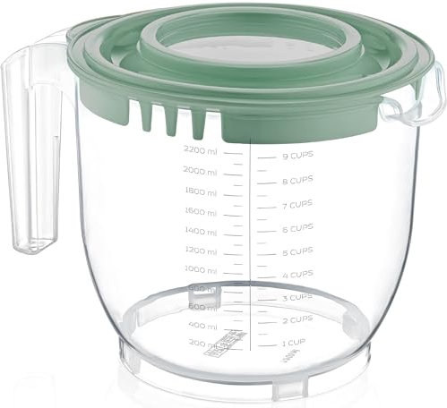 uandu Gobelet doseur et mélangeur avec couvercle - Grand 2,2 l - Échelle de mesure - En plastique de qualité supérieure - Ustensiles de cuisine pratiques - Bol mélangeur - Couvercle anti-éclaboussures