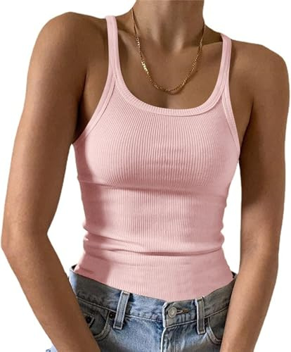 Imily Bela Camiseta de tirantes para mujer, sexy, espagueti, con cuello en U, básica, de verano, ajustada, sin mangas, camisola, Rosa., S