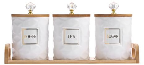 SUMTree Keramik Vorratsdosen Set, weiße Keramikdose mit Bambus Deckel und Tablett, Luftdicht Frischhaltedosen für Küchentheke 3er Aufbewahrungsdosen für Zucker, Kaffee, Tee Fassungsvermögen je 1 Liter