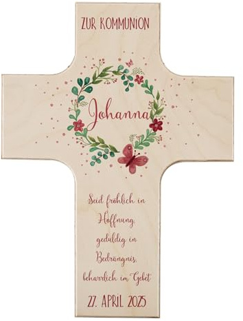 Striefchen® Holzkreuz zur Taufe, Kommunion oder Konfirmation mit Namen (Blütenkranz, 14 cm x 19 cm x 1,5 cm)