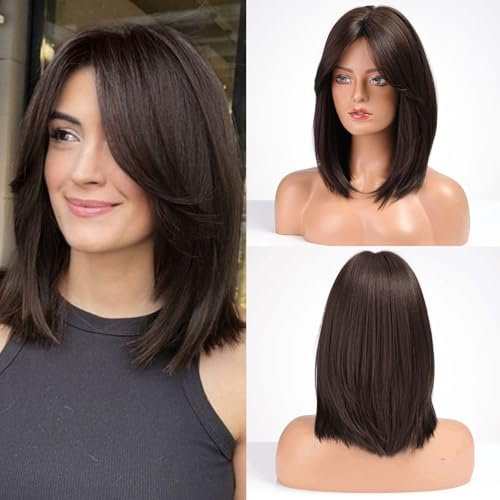 HAIRCUBE Parrucca Donne 16 Pollice Marrone Scuro Con Tenda Bangs Sintetica Onda per il Quotidiano e Cosplay