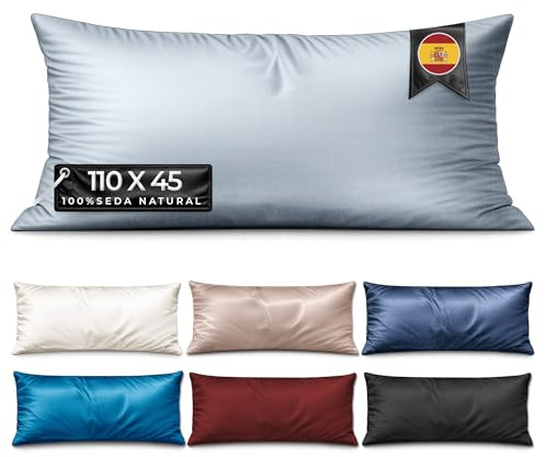 Funda Almohada Seda 110 cm - MELOPIDO - Morera Mulberry 22 Momme 6A Natural hipoalergénica Transpirable antiacaros termorreguladora Cuidado Piel Cabello Cierre sobre - 110x45 Gris Azulado