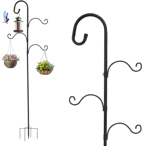 SINZUX Bird Feeders Hanging Station, 77 Adjustable Bird Feeder Pole Stand with 4 Hooks, Heavy Duty Freestanding Shepherds Crook Garden Hooks for Garden Lights, Lanterns,Plant Baskets and Decorations