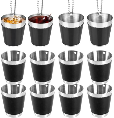 12 st. snapsglas med kedja, 30 ml, svart, återanvändbara snapsglas i rostfritt stål för bröllop, födelsedagsfester och möhippor