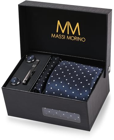 Massi Morino Cravatta Blu Scuro a Puntini e Fazzoletto da Uomo con Gemelli e Fermacravatta, Parure Set | Accessori Sposa | Cravatta Elegante con Confezione Regalo