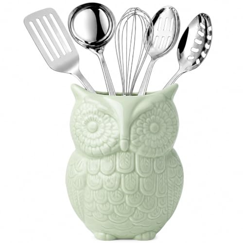 Comfify Owl Utensil Holder Decorative Ceramic Cookware Crock & Organizer, in Lovely Green Color - Utensil Caddy and Perfect Kitchen Ceramic Décor Gift - 12.7 x 17.8 x 10.2 cm Size