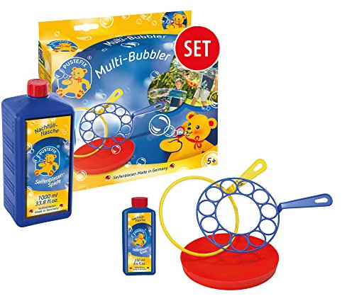 PUSTEFIX Multi-Bubbler + Nachfüllflasche Maxi 1 Liter I Bunte Bubbles Made in Germany I Seifenblasen Spielzeug für Hochzeit, Kindergeburtstag, Polterabend I Große Seifenblasen für Kinder & Erwachsene