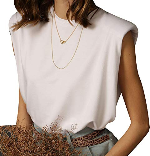 Women's Summer Sleeveless Tank Top, Shoulder Pad Shirt Vest, Solid Loose Blouse, Crew Neck Cami Shoulder Pad T-Shirts
