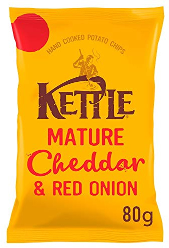 Kettle Crisps - Mature Cheddar Cheese & Red Onion - British Potato Chips - No Artificial Colours or Preservatives - 80g Bag - 12 Pack