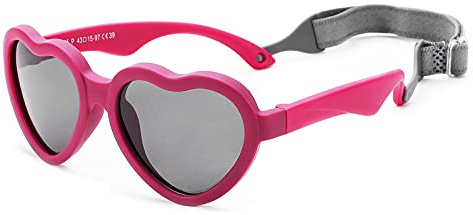 COASION Kids Sunglasses Polarized Rubber UV Protection with Strap Heart Shape Sun Glasses For Boys Girls Baby Ages 0-12 Months (C4* Hot Pink Frame/Grey Lens)