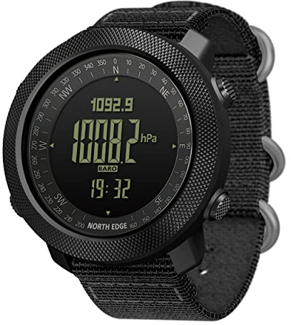 North Edge Apache Tactical Sports Watches for Men Outdoor Survival Military Compass Rock Solid Digital Watches with Durable Band, Steps Tracker Pedometer Calories (Black)