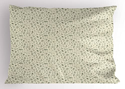 Lunarable Lavender Pillow Sham Set of 2, Hand Drawn Sketchy Calendula Clover Chamomiles Valerian Natural, Quality Microfiber Bedding Item for All Seasons, 26 x 20, Eggshell Hunter Green