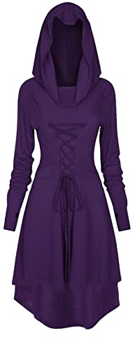 FSUJWOA Robe Medievale Femme, Costumes Renaissance Capuche avec Lacets Vintage Pull Hoodie Gothique (Violet, L)