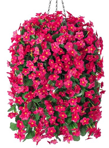 Artificial Fake Hanging Flowers Plants Baskets for Outdoor Outside Porch Decoration, Faux Silk Hotpink Realistic UV Resistant Orchid Long Vines in Planter for Spring Summer Home Patio Balcony