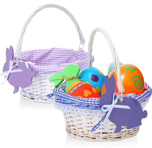 Weewooday 2 Pcs Wicker Easter Basket Tote Bags with 2 Name Tags Wooden Bunny, Easter Basket with Handle with Removable Liner for Party Supplies(Blue, Purple)