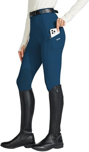 Willit Women's Horse Riding Pants Knee-Patch Equestrian Breeches Horseback Schooling Tights Zipper Pockets Peacock Blue M