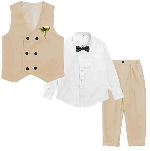 LOLANTA Traje Formal de 4 Piezas para niño, Conjunto de Chaleco de Doble Botonadura, Ropa para Ocasiones de Fiesta de Bodas de cumpleaños para niños, Caqui, 10-11 años, 150