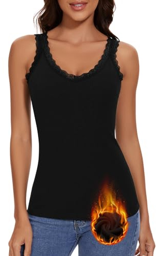 WOWENY Débardeur Thermique pour Femme Camisole avec Maillot de Corps en Dentelle Cami Chaud Col en V Polaire Haut sans Manches en Dentelle élégante