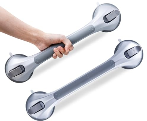 LEVERLOC Agarraderas Baño para Mayores 2 Pack, 43 CM Asidero Ducha de Succión, MAX Hold 110 KG Agarrador Ducha Personas Mayores, Agarre de Seguridad, Barra Baño sin Taladrar y Pasamanos, Plata
