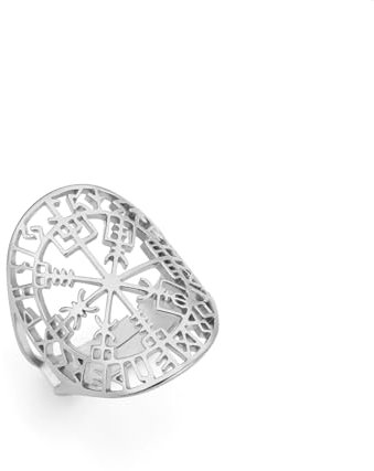 Amaxer Vegvisir Ring für Frauen Edelstahl Wikinger Runen Retro Nordic Ausgehöhlt Offen Einstellbar Fingerring Schmuck Geschenke für Frauen Mädchen, Metall, Kristall