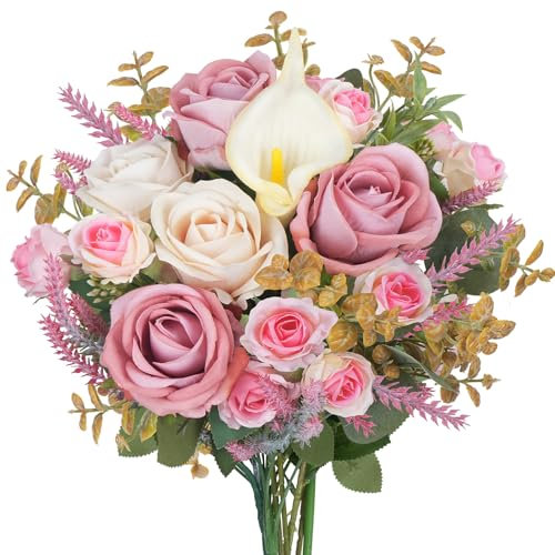 Luabue Blumenstrauß Künstlich Rosa Rosen Lavendel Calla und Eukalyptus Seidenblumen Rosa Wie Echt Kunstblumenstrauß Artificial Blumen Unechte Blumen für Vase Hochzeiten und Heimdekoration