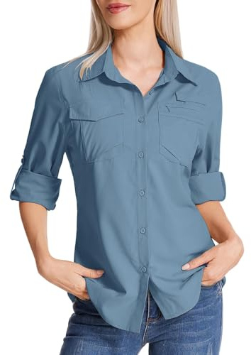 Faysfad Women's Safari Shirt UPF 50 UV Sun Protection Quick Dry Shirts Long Sleeve Hiking Walking Fishing Outdoor Travel(5081,Ocean Blue,L)