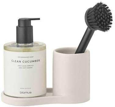 blomus Spülset -PIRO- | Geschirrspülset Farbe Moonbeam | Hochwertiges Steingut | 9Lx17Bx10H cm | Mit Ablagefläche und Rillen für Spülmittel & Seife