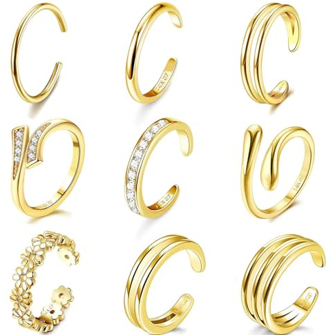 ShinyStyle J4You 9Pcs 14K Gold Filled Toe Rings for Women Non Tarnish Adjustable Gold CZ Flower Hug Band Toe Rings Summer Beach Open Gold Toe Ring Jewelry for Summer