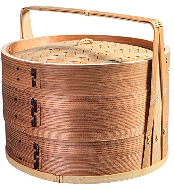 Vaporera de Madera de 2 Niveles Hecha a Mano, con asa y Tapa de bambú, Ideal para albóndigas, Dim Sum, arroz y Carne, 24 cm.