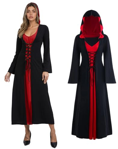 JDFAIJEAL Abito da donna con cappuccio gotico medievale, vestito retrò per Halloween, strega, Halloween, carnevale, vestito a maniche lunghe (nero e rosso, L)