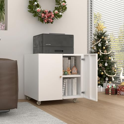 STEELIST Mobiler Druckerschrank – Multifunktionaler Schrank für Bürobedarf, Papier und Ordner, mit verstellbaren Regalböden & Feststellrollen, Weiß