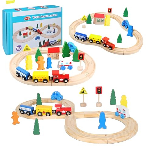 Cylora Juego de Tren de Madera para Niños, 33 Pcs Trenes de Juguetes para Niños con Pistas de Madera, Tema Urbano, para Thomas, Brio, Intercambiable y Expandible, Regalos para 3 4 5 6 7 8 años