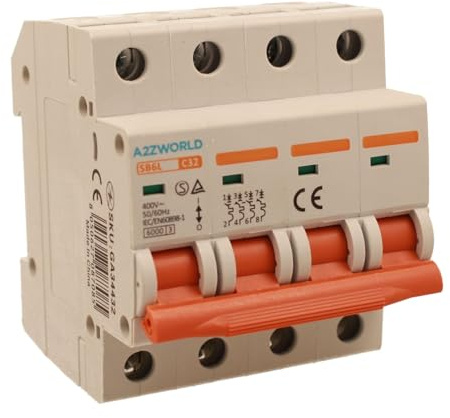 Interruttore Magnetotermico Trifase, MCB 380V 4P 32A C32, Curva C 6kA, 4 Moduli DIN