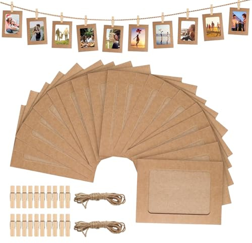 20 Cornici di Carta per Foto DIY, Cornici in Kraft con Clip di Legno e Corda di Canapa, 15,2 x 11,5 cm, Portafoto da Parete per Matrimonio, Feste e Decorazioni