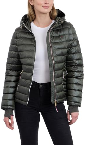 Tommy Hilfiger Women's Puffer Jacket, Lightweight Packable Jacket With Hood & Bag, Olive, Medium