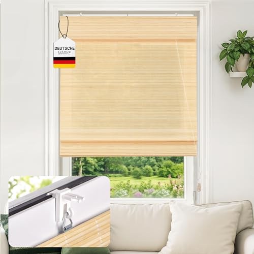 Victoria M. Klemmfix Bambus Raffrollo Sonnenschutz Sichtschutz Rollo Seitenzugrollo ohne Bohren, für Fenster und Türen, 110 x 220 cm, Natur