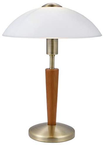 EGLO Lampe à poser Solo 1, lampe de table avc variateur tactile, luminaire en bois noyer, acier bruni et verre blanc satiné, douille E14