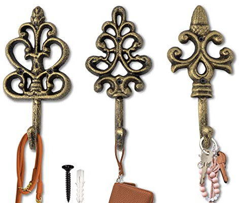 Comfify Ganci decorativi in ghisa Shabby Chic -Rustico - Metallico - Fascino di campagna francese - Grandi ganci decorativi appesi - Set di 3 -Viti e ancore per il montaggio incluso