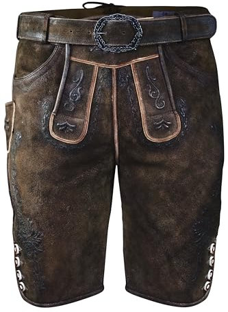 Edelnice Trachtenmode Bayerische Traditionelle Krachlederne Kurze Lederhose Erwin braun inkl. Gürtel Gr. 44-64 (50)