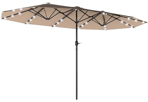 Outsunny 4.4m Double-Sided Sun Umbrella Garden Parasol Patio Sun Shade Outdoor with LED Solar Light, NO BASE INCLUDED, Khaki