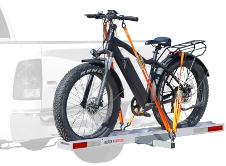 Black Widow Aluminium-Fahrradträger für E-Bike oder Fat Tire mit Abroll-Off-Rampe, 180 kg Kapazität, 5,1 cm Stahl-Anhängerkupplung, 14 cm Schiene, inkl. Anti-Rassel-Gerät