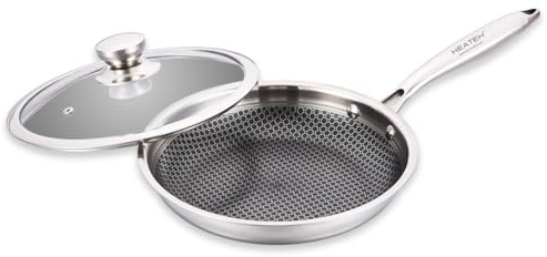 HEATEK ® Padella in Acciaio Inox Triplo Strato Ø 28cm con Coperchio in Vetro | Antiaderente e Antigraffio | Adatta a tutti i Piani Cottura