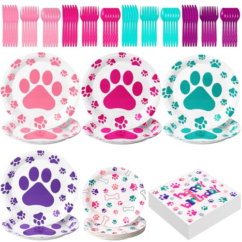 Gejoy 96pcs Dog Birthday Party Decorations Set Include Dog Print Plates Knives Forks Spoons Napkins Puppy Paw Tableware for Puppy Theme Party Supplies Kit(Sweet Color)